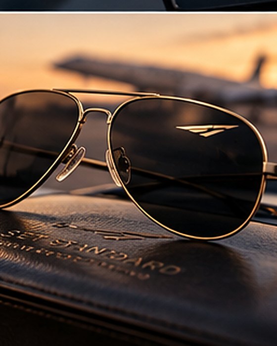 Aviator Sunglasses, Gold frame · Leather case