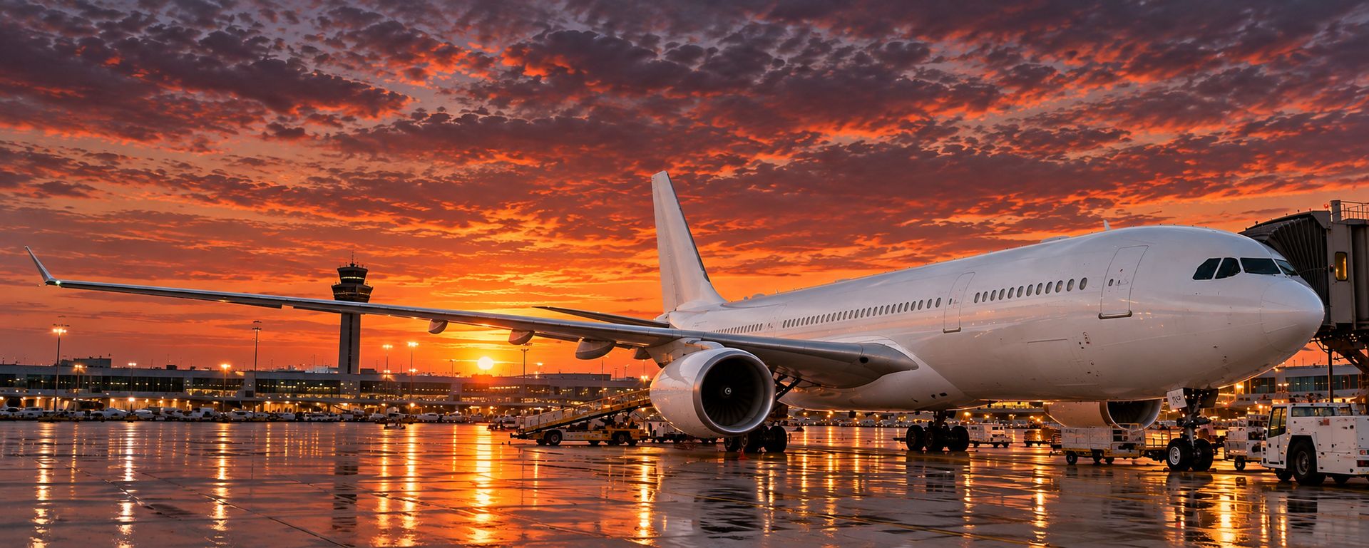 Airbus A330 at the gate at sunset