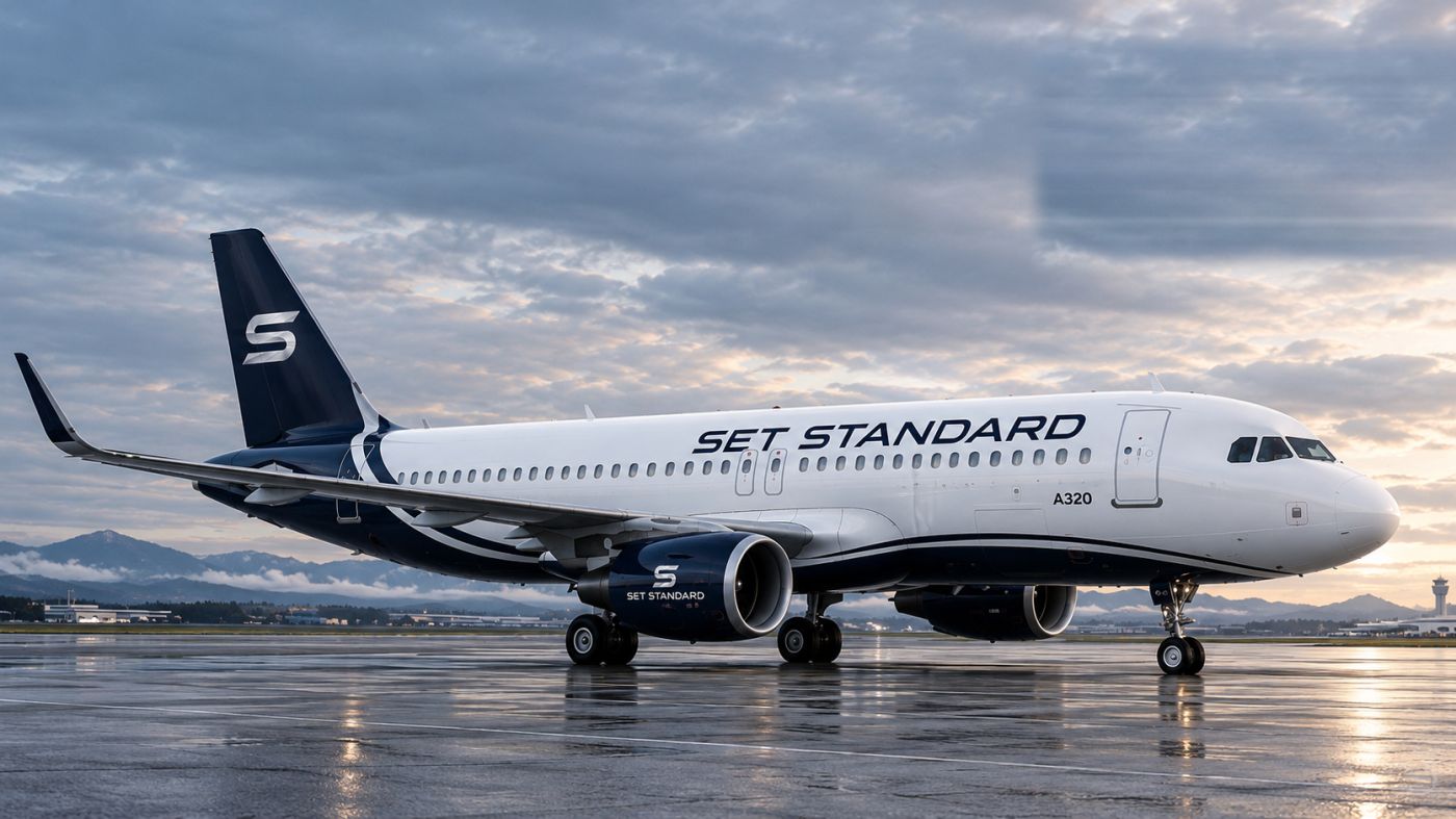 Airbus A320 in SET STANDARD livery on a wet apron